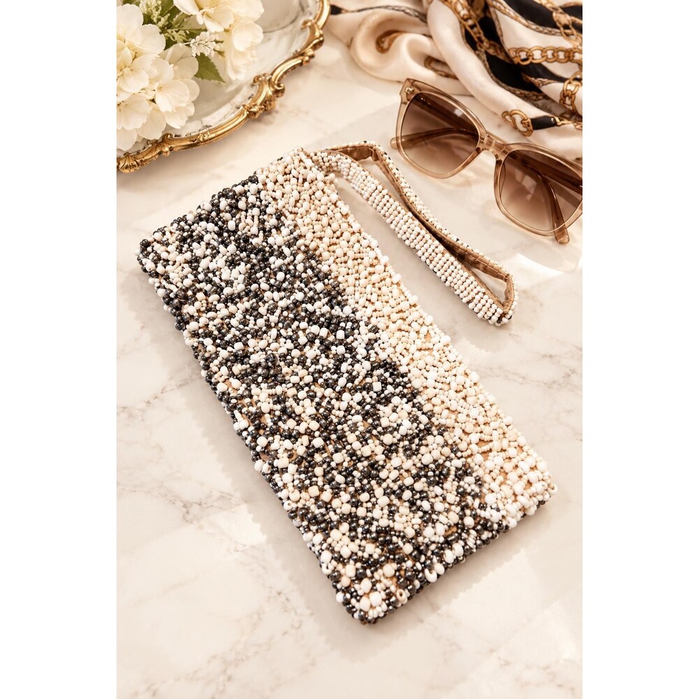 Beaded Evening Clutch Wristlet White Silver Gunmetal Seed Bead Purse 8”